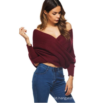 Wine Red Crossed Front Chunky Wrap Sweater